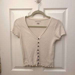 American Eagle White Ribbed Button Down Short Sleeve XS
